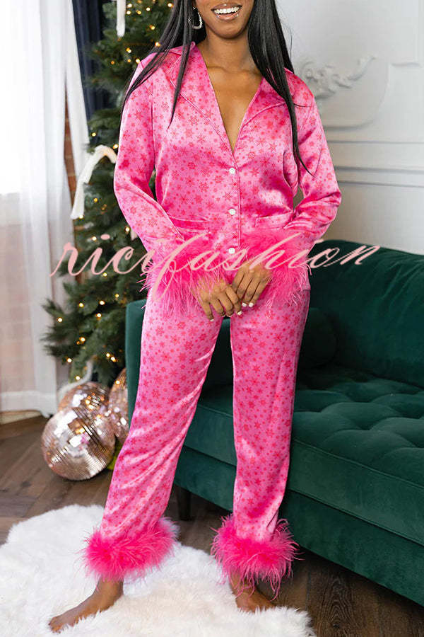 Christmas Besties Party Printed Feather Trim Elastic Waist Pocketed Pajama Set