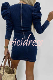 All The Best Denim Puff Sleeve Ruched Stretch Mini Dress