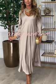 Solid Color V-neck Long-sleeved Loose Draped Maxi Dress