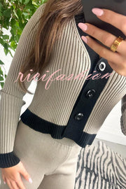 Fashionable Knit Colorblock Long Sleeve Cardigan and Elastic Waist Loose Stretch Pants Set