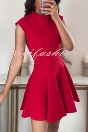 Solid Color Round Neck Sleeveless Waist Mini Dress