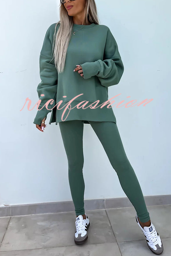 Solid Color Loose Long Sleeve SlitSweatshirt and Elastic Waist Tight Pants Set