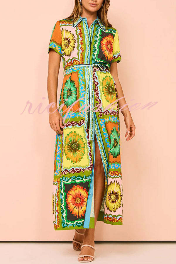 Exaggerated Unique Print Lace Up Button Maxi Dress