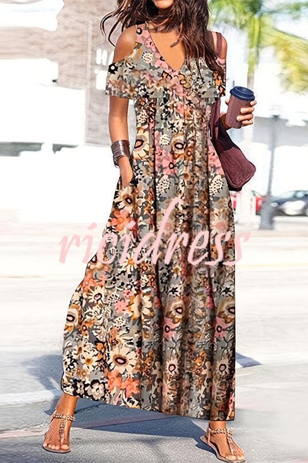 Ayden Plants Print Cold Shoulder Pocketed Flared Maxi Dress