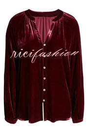 Solid Color Velvet V-neck Long-sleeved Shirt