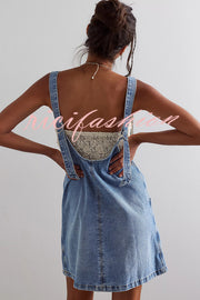 Solid Color Sleeveless V-neck Pocket Adjustable Denim Suspender Mini Dress