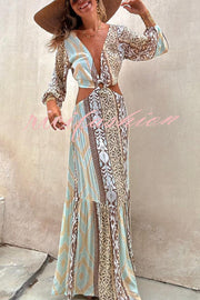 Sefora Unique Color Block Print Long Sleeve Ring Cutout Back Tie-up Maxi Dress