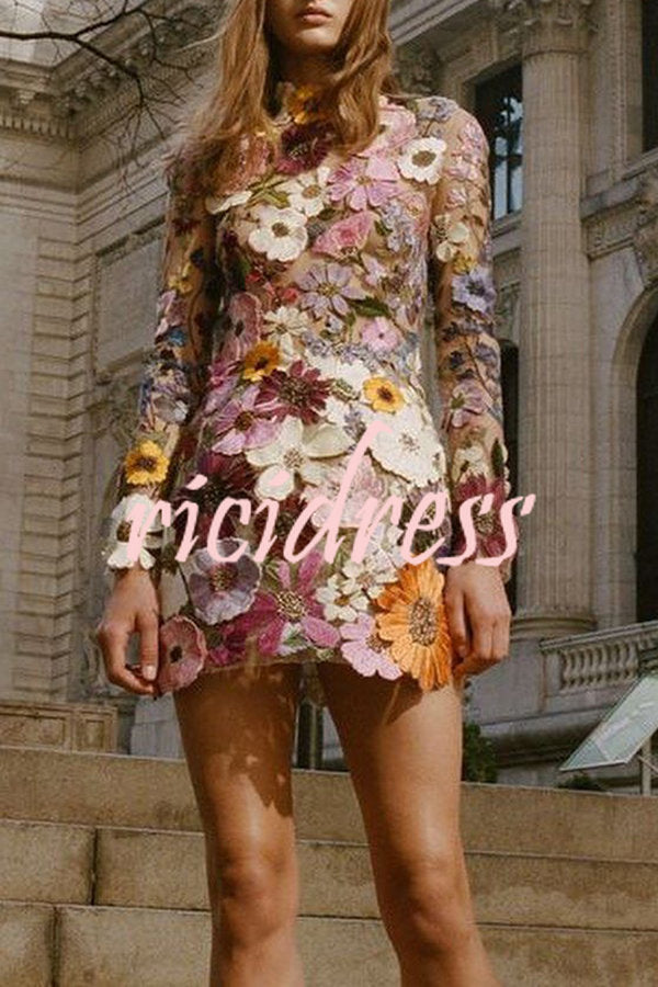 Elegantly Enchanted Floral Applique Backless Long Sleeve Mini Dress