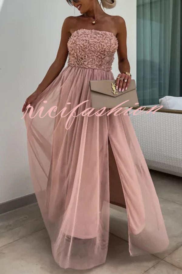 Romance and Lightness Tulle Floral Texture Pleated Patchwork Strapless Slit Maxi Dress