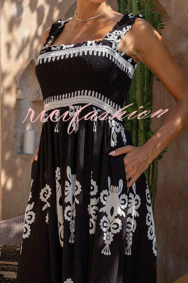 National Boho Style Unique Print Smocked Bust Wide Strap Pocket Maxi Dress