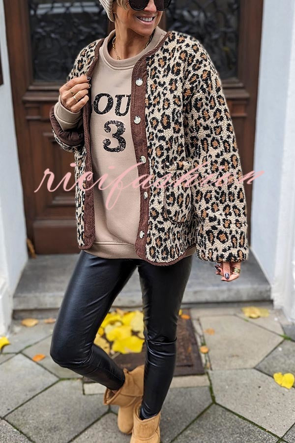 Warm Feel Colorblock Leopard Print Plush Button Up Pocketed Teddy Jacket