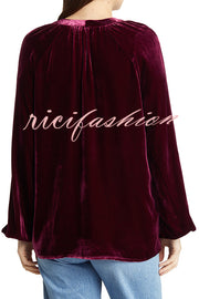 Solid Color Velvet V-neck Long-sleeved Shirt