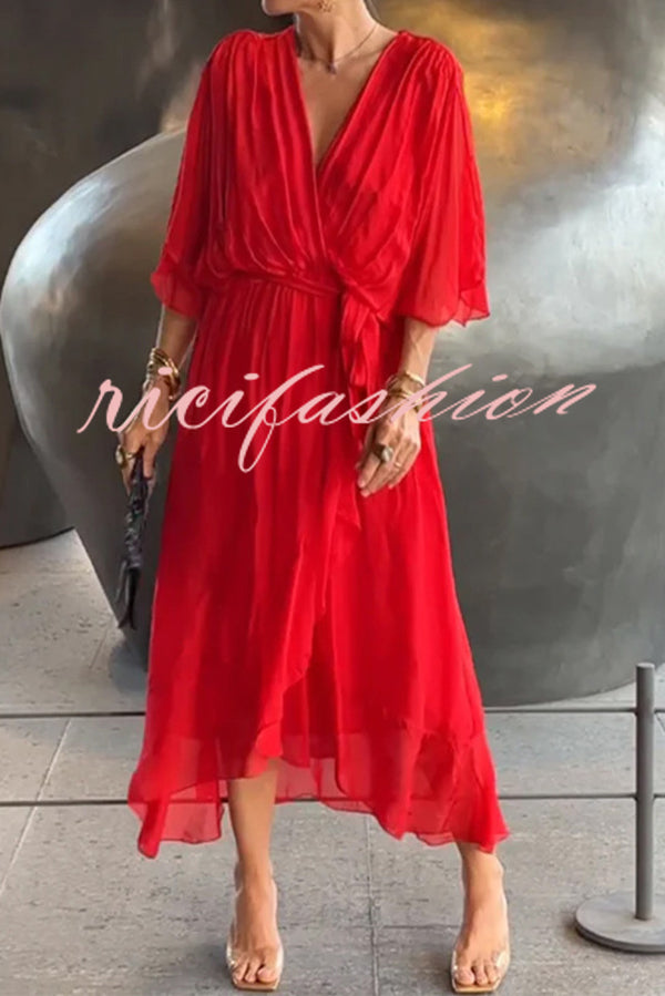 Solid Color V-neck Bat Sleeve Lace-up Irregular Hem Midi Dress