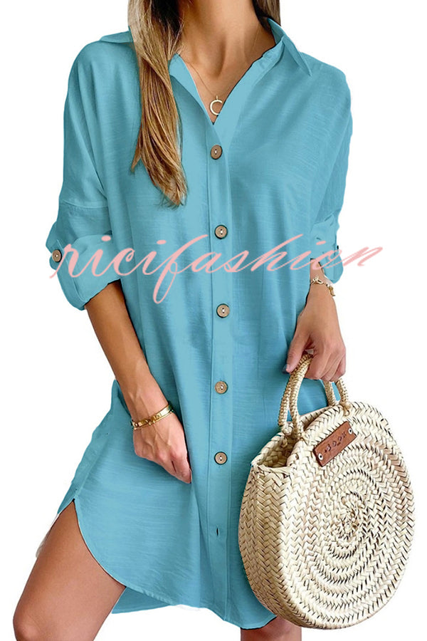 Solid Color Casual Button-Down Shirt Style Mini Dress