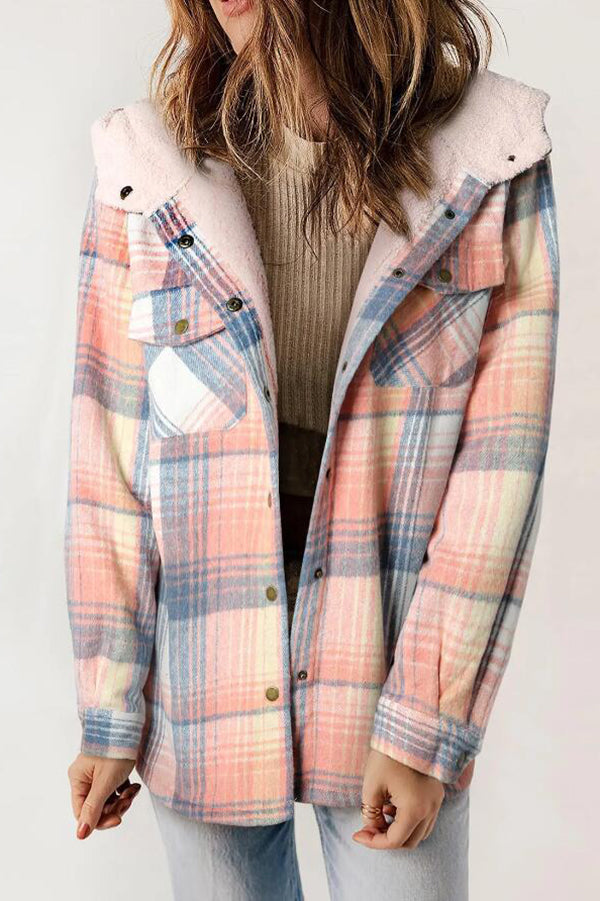 Fashion Plaid Long Sleeve Pocket Casual Hooded Jacket