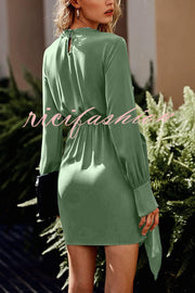 Satin Round Neck Long Sleeve Elastic Tie Mini Dress