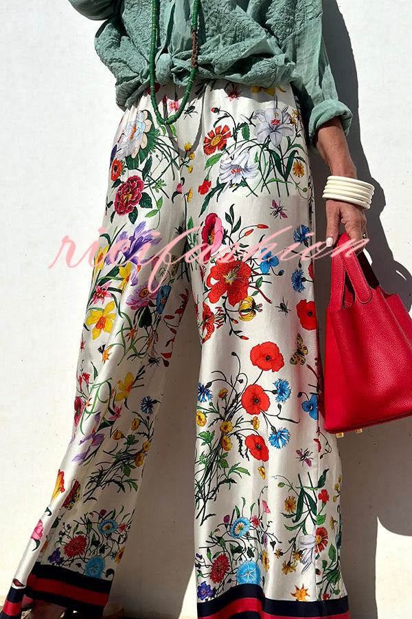 Fabulous Fiesta Satin Floral Unique Print Elastic Waist Pocketed Wide Leg Pants