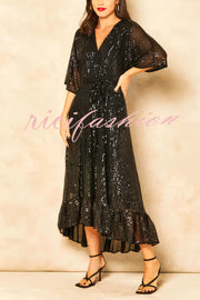 Solid Color Sequined V-neck Waist Tie Loose Maxi Dress