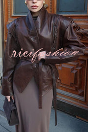 Street Warrior Faux Leather Distressed Style Lace-up Lapel Belt Oversized Jacket