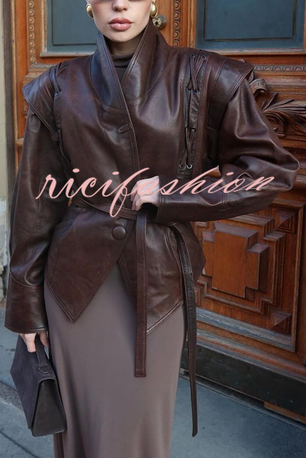 Street Warrior Faux Leather Distressed Style Lace-up Lapel Belt Oversized Jacket