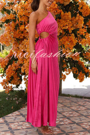 Charming One Shoulder Lace Up Cutout Pleated Maxi Dress