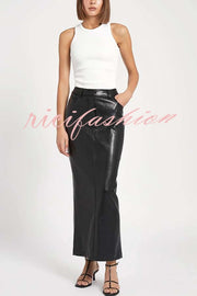 Classic Feel Faux Leather Mid Rise Pocket Slit Stretch Maix Skirt