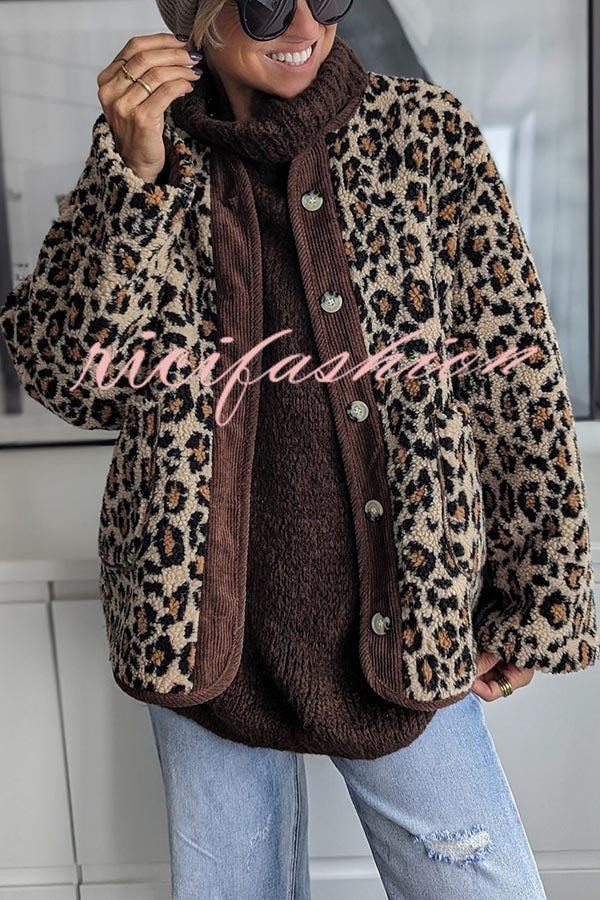 Warm Feel Colorblock Leopard Print Plush Button Up Pocketed Teddy Jacket