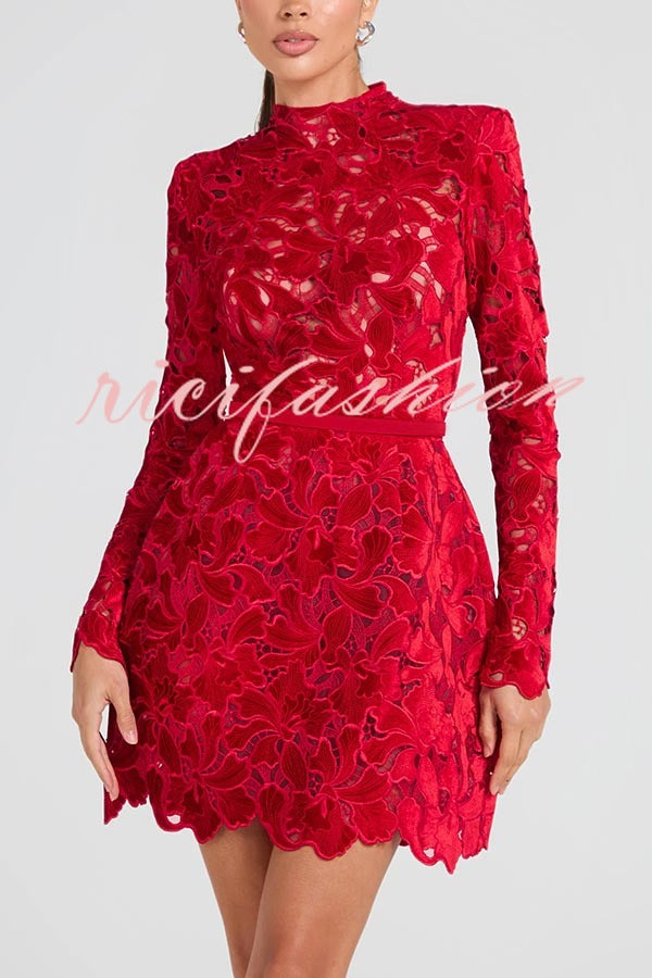 Lydia Embroidered Floral Lace Long Sleeve Belt Tulip Shaped Mini Dress