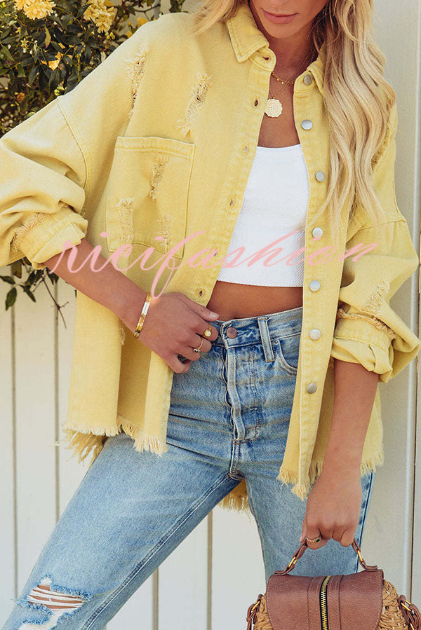 Stylish Lapel Long Sleeve Ripped Denim Jacket