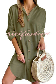 Solid Color Casual Button-Down Shirt Style Mini Dress