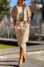 Work Style Lapel Long Sleeve Jacket and Button Belt Pocketed Slit Midi Skirt Set