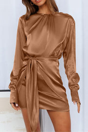 Satin Round Neck Long Sleeve Elastic Tie Mini Dress