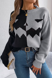 Halloween Pumpkin Contrast Color Long Sleeve Loose Sweater