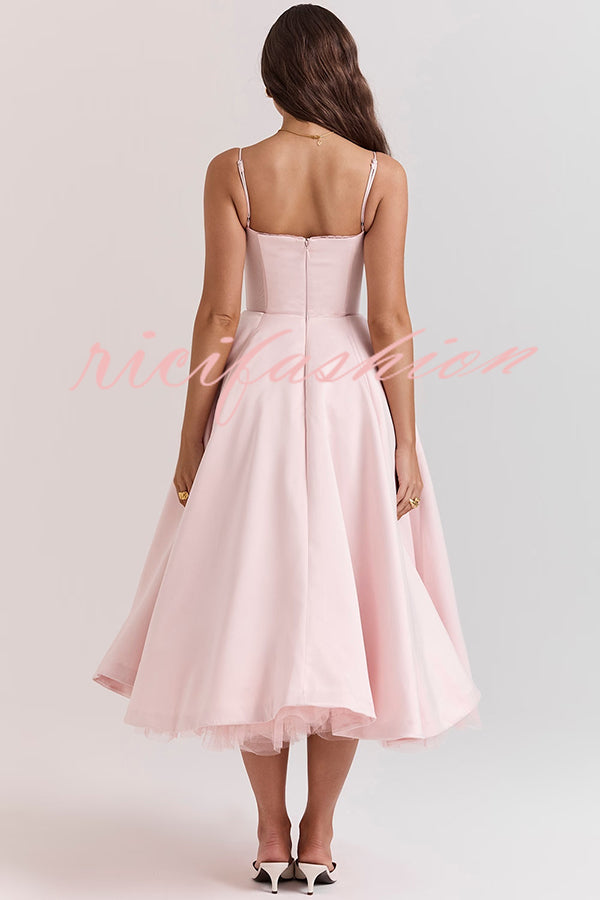 Fairytale Vibe Satin Patchwork Tulle Sweetheart Neck Pocket Stretch Midi Dress