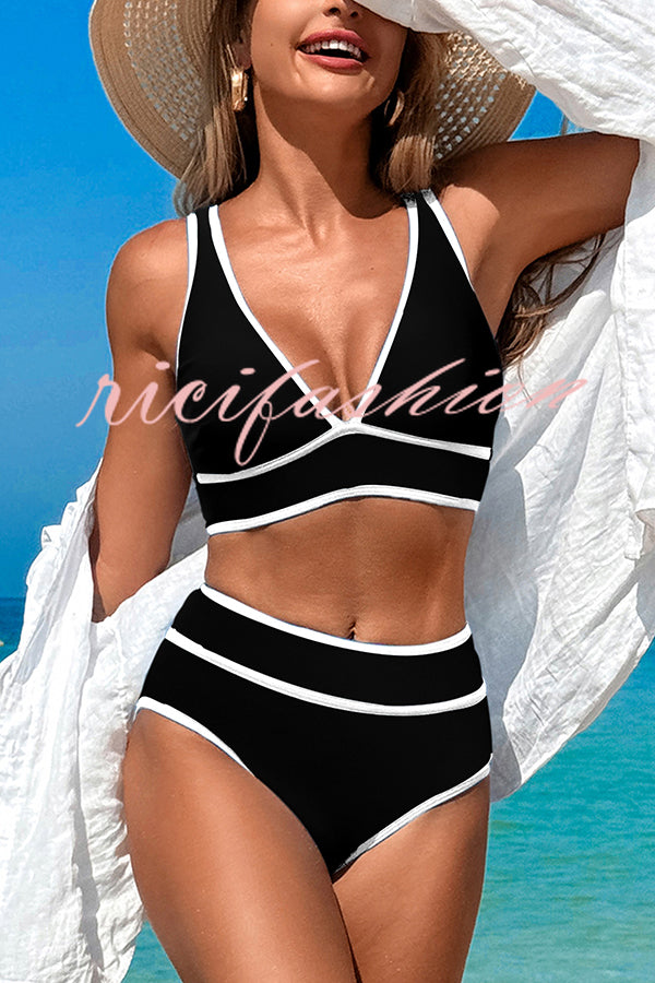 Solid Color Contrast High Waist Stretch Bikini Swimsuit