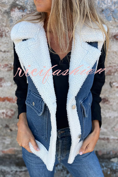 Autumn and Winter Motorcycle Faux Fur One-piece Denim Lapel Pocketed Vest Jacket