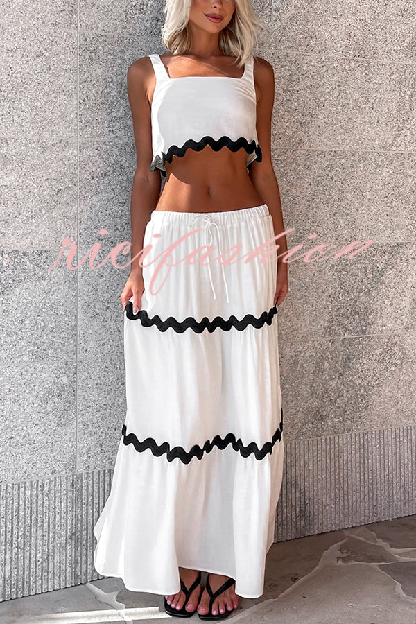 Napa Ric Rac Trims Sleeveless Crop Tank and Drawstring Elastic Waist Pocket Maxi Skirt