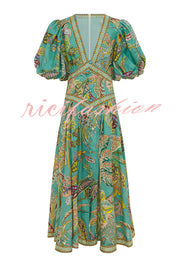 Chic Vacation Linen Blend Unique Print Button Puff Sleeve Pocket Maxi Dress