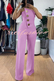 Solid Color Sexy Tube Top Gold Button Embellished Bootcut Jumpsuit