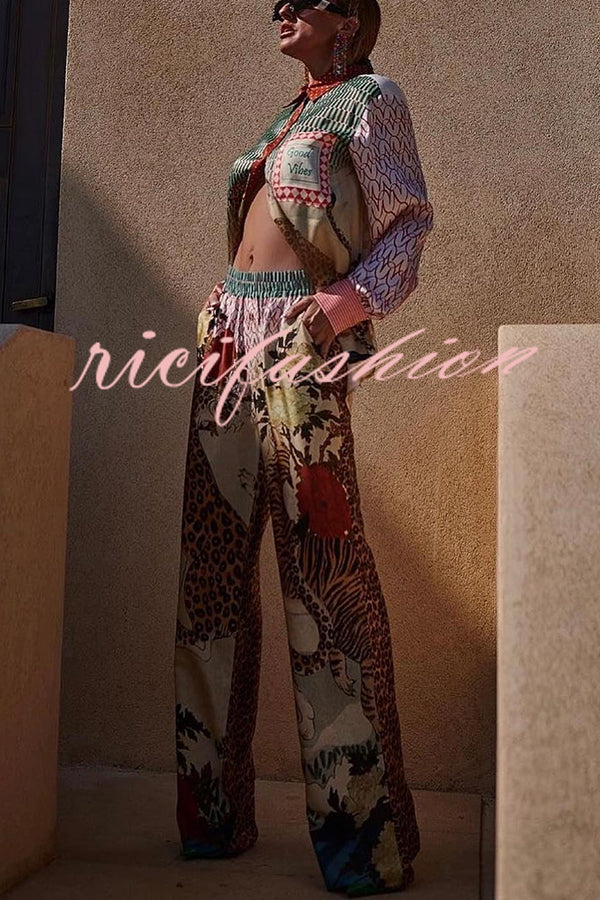 Tropical Jungle Tiger Unique Print Long Sleeve Loose Shirt and Elastic Waist Pants Set