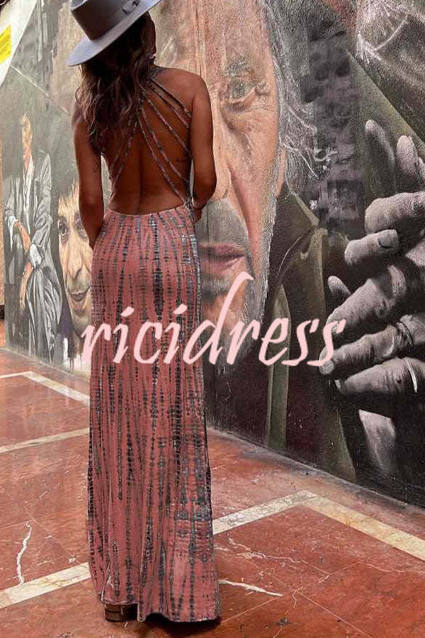 Modern Day Tie-dye Print Back Lace-up Stretch Maxi Dress