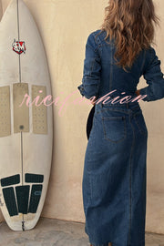 Tessy Denim Metal Button Zipper Shirt Stretch Pencil Slit Midi Dress