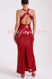 Sicilian Rose Sequin Three-dimensional Floral Sexy Backless Maxi Dress