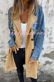 Fashion Lapel Long Sleeve Pocket Mid-length Denim Patchwork Jacket