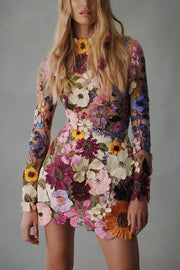 Elegantly Enchanted Floral Applique Backless Long Sleeve Mini Dress