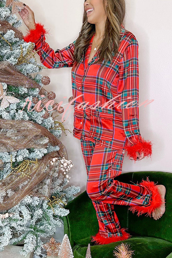 Christmas Besties Party Printed Feather Trim Elastic Waist Pocketed Pajama Set