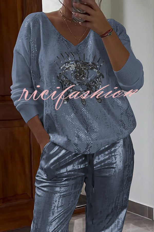 Three-dimensional Eye V-neck Long-sleeved Hot Stamping Top