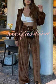 Velvet Casual Zip-up Hooded Top and Elastic Waist Wide Leg Pants Set