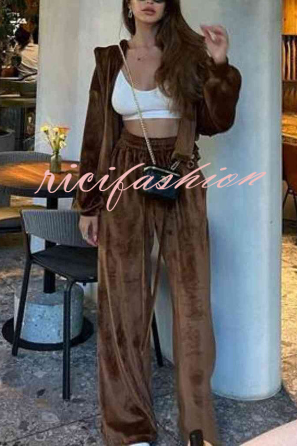 Velvet Casual Zip-up Hooded Top and Elastic Waist Wide Leg Pants Set