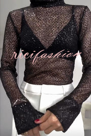 Shimmering Twilight Sequin Turtleneck Long Slit Sleeve H-line Blouse